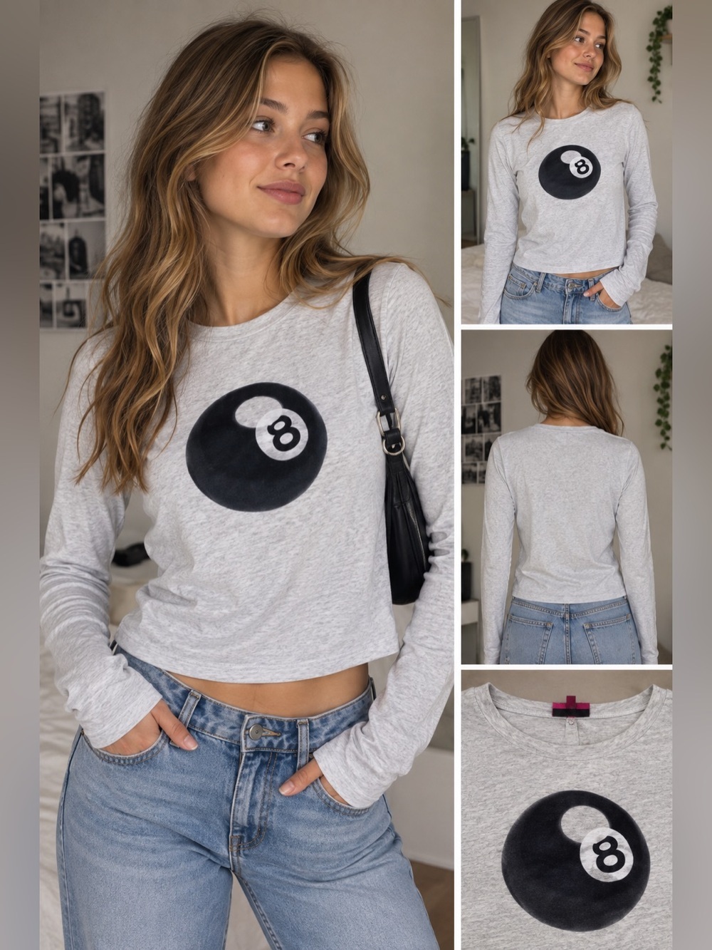 Edikted Light Gray Long Sleeve Tee with Black 8-Ball Graphic